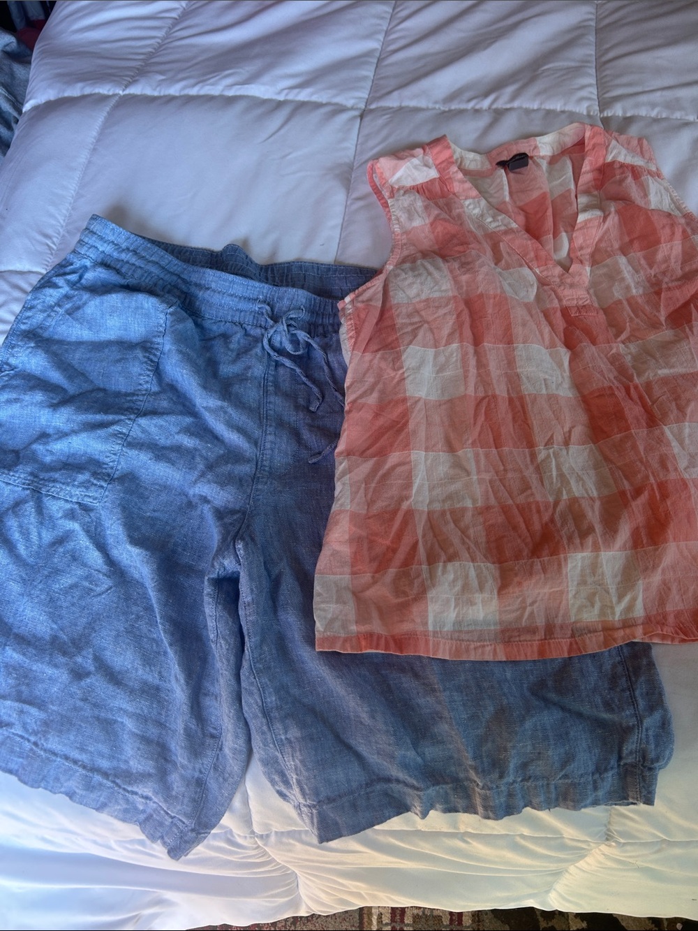 Lands' End chambery linen shorts and Cream Checkerboard Sleeveless Eddie Bauer